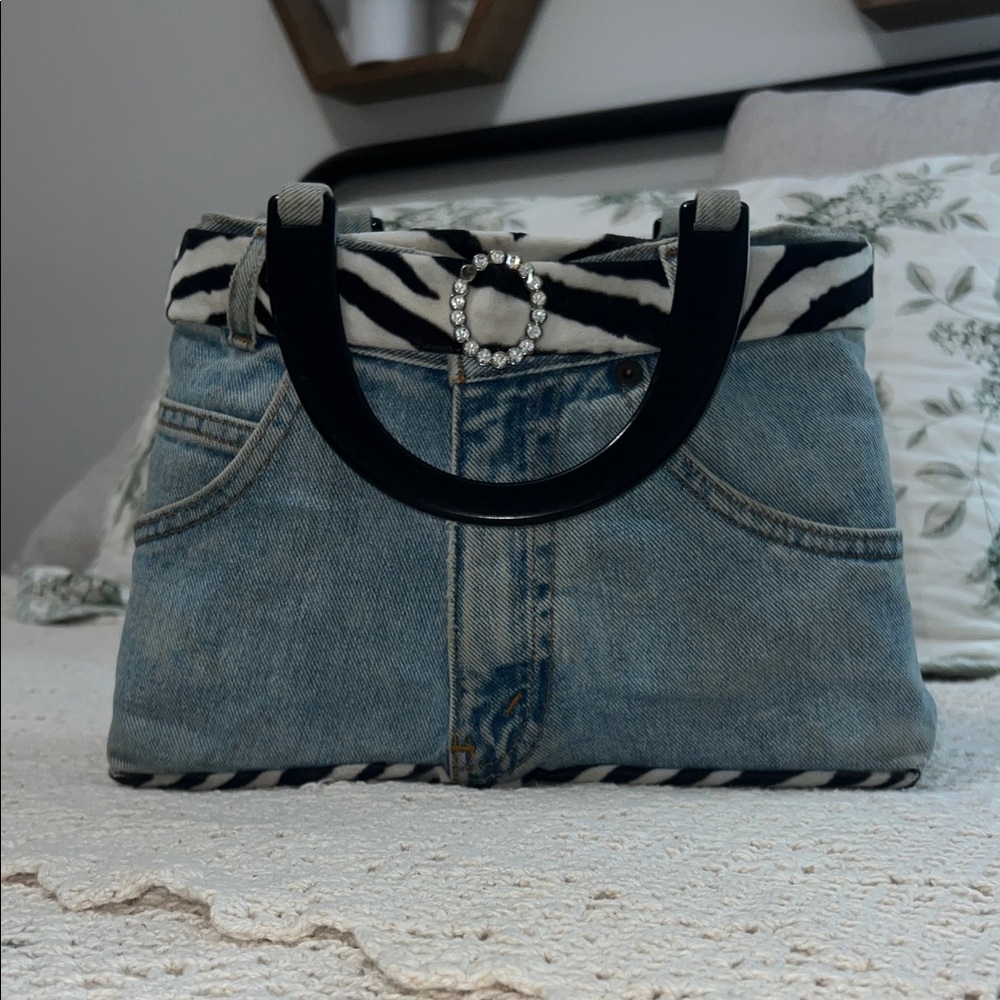 Y2K Denim & Zebra Hand/Shoulder Purse With Rhinestone Buckle—Statement Piece